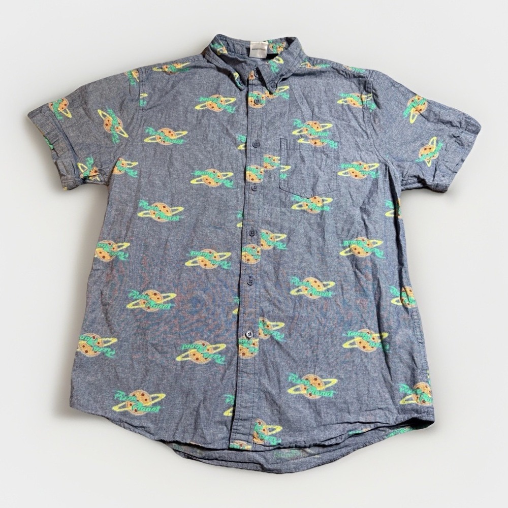 Disney Pixar Toy Story Shirt Medium Mens Blue Chambray Pizza Planet Button Up